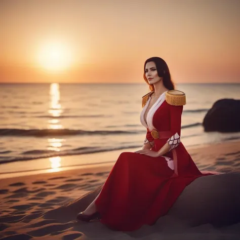 cinematic photo a tall woman with a dress, epaulette, large breast, beach, seat , sunset <lora:BoaHancock1024:0.8> . 35mm photograph, film, bokeh, professional, 4k, highly detailed