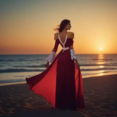 cinematic photo a tall woman with a dress, epaulette, large breast, beach, sunset <lora:BoaHancock1024:0.8> . 35mm photograph, film, bokeh, professional, 4k, highly detailed