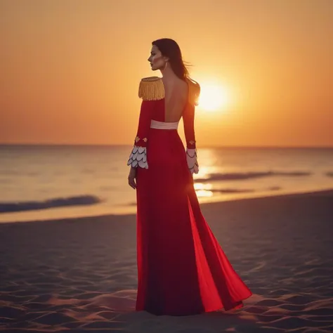 cinematic photo a tall woman with a dress, epaulette, large breast, beach, sunset <lora:BoaHancock1024:0.8> . 35mm photograph, film, bokeh, professional, 4k, highly detailed