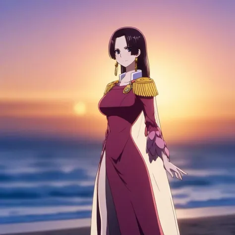 anime artwork cinematic photo portrait of a tall woman with a dress, epaulette, large breast, beach, sunset <lora:BoaHancock1024:0.8> . 35mm photograph, film, bokeh, professional, 4k, highly detailed . anime style, key visual, vibrant, studio anime,  highly detailed