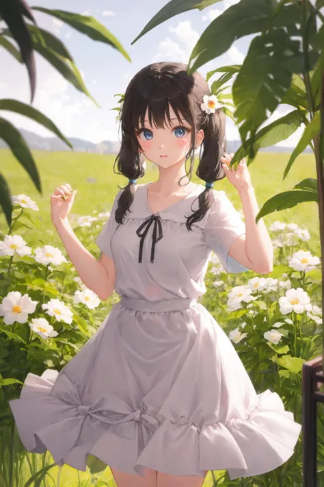 1girl, solo, flower, dress, white dress, long hair, black hair, twintails, short sleeves, white flower, bangs, low twintails, artist name, jewelry, holding, hands up, closed mouth, plant<lora:SilvermoonMix12_1.1:1>