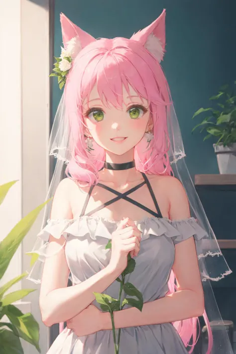 1girl, solo, dress, animal ears, pink hair, long hair, white dress, looking at viewer, hair ornament, earrings, jewelry, bangs, bow, flower, green eyes, hair flower, parted lips, white flower, white choker, leaf, white rose, hand up, blush, veil, frills, animal ear fluff, smile, blue bow, criss-cross halter, white bow, very long hair, choker <lora:SilvermoonMix12:1>