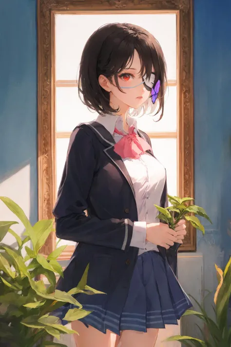 bug, butterfly, red eyes, flower, 2girls, multiple girls, shirt, long hair, broken glass, short hair, black hair, bangs, looking at viewer, picture frame, blonde hair, white shirt, collared shirt, eyepatch, ascot, long sleeves, glass, red flower, jacket, dress, one eye covered, holding, red nails, blue butterfly, school uniform <lora:SilvermoonMix12_3:1>
