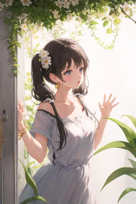 1girl, solo, flower, dress, white dress, long hair, black hair, twintails, short sleeves, white flower, bangs, low twintails, artist name, jewelry, holding, hands up, closed mouth, plant <lora:SilvermoonMix12:1>