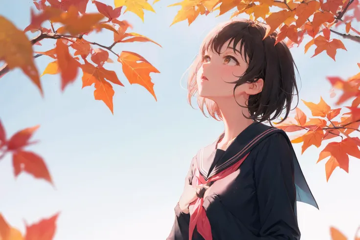 1girl, solo, short hair, school uniform, serafuku, tree, looking up, autumn leaves, long sleeves, autumn, sailor collar, outdoors, black hair, neckerchief, upper body, shirt, white shirt, arm up, brown eyes, bangs, closed mouth, leaf, day, hand up <lora:SilvermoonMix12:1>
