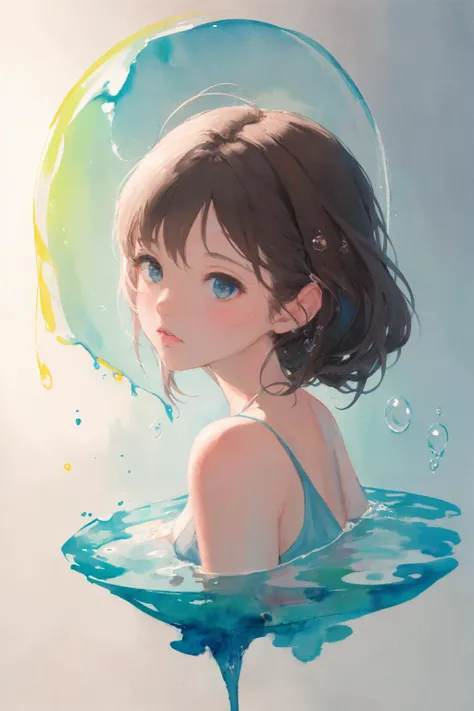 (masterpiece:1.1, highres:1.4) , 1 girl, watercolor style, (soft blending:1.2) , fluid colors, dreamy washes, delicate textures, organic shapes, atmospheric depth, bubble, limited color,  <lora:SilvermoonMix12:1>