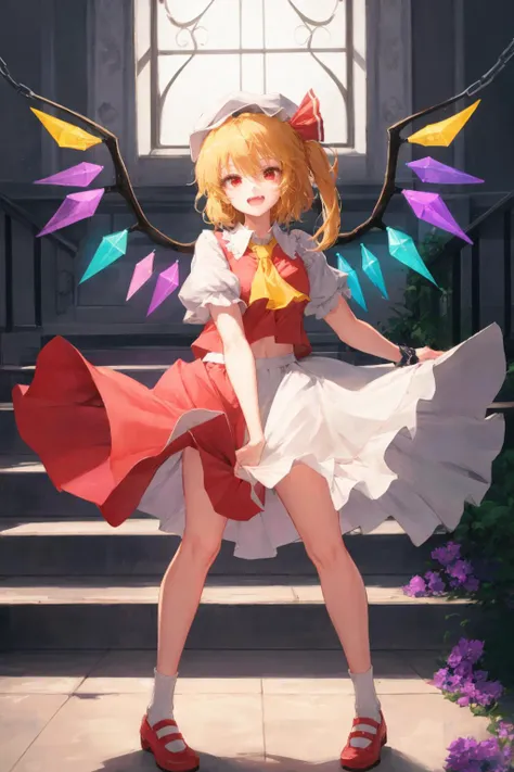 flandre scarlet, hat, blonde hair, wings, crystal, red eyes, mob cap, red skirt, short sleeves, skirt, puffy sleeves, red vest, 1girl, open mouth, solo, ascot, puffy short sleeves, white headwear, vest, laevatein (touhou), shirt, socks, shoes, red footwear, white socks, yellow ascot, white shirt, wrist cuffs, one side up, full body, frills, mary janes, looking at viewer, ribbon, chain, smile, red ribbon, hat ribbon, bangs, blood, stairs, skull, bow, short hair, multicolored wings, teeth, holding, red bow, fang, collared shirt, fangs, skirt set, frilled skirt <lora:SilvermoonMix12_3:1>