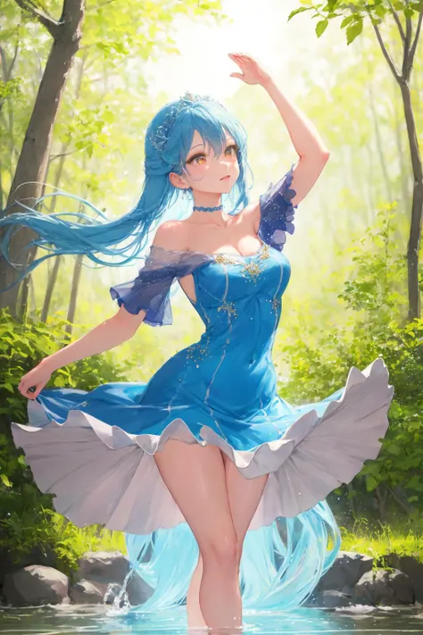 A water goddess dancing by the banks of a river flowing through a lush forest. She has a beautiful face and shining eyes of vivid colors. She wears elaborate and delicate ornaments and dresses. Every time she moves her arms and legs, splashes of water appear, reflecting the light and shining. Detailed drawing. Vivid colors. High image quality.<lora:SilvermoonMix12_1.1:1>