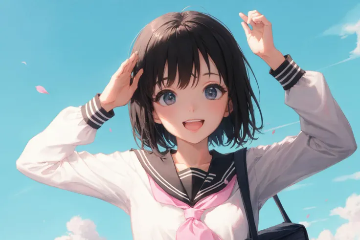 1girl, solo, school uniform, bag, serafuku, school bag, open mouth, short hair, black hair, blue background, neckerchief, blue sky, sailor collar, long sleeves, arms up, upper body, holding, black eyes, sky, petals, shirt, white shirt, red neckerchief, outdoors, simple background, smile, day, bangs<lora:SilvermoonMix12_1.1:1>