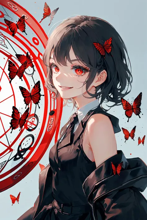masterpiece, (best quality:1.1), (1girl), solo, cowboy shot, (finely detailed eyes and detailed face:1.3), (illustration:1.1), field of depth, (extremely fine and beautiful:1.1), (black trench coat + beautiful detailed black vest + white shirt:1.1 + black tie + black skirt + black flower on head + black gloves), (white_hair + medium_hair + wavy_hair), (red eyes:1.1),small_medium breasts, eyelashes, , pale skin, evil smile, beautiful detailed fallen small city + detailed ruin, many object, beautiful and clear background:1.2, renegade, evil, ((Red butterflies flying|around the character:1.3 + red light particles:1.15), ((perfect magic circle:1.3)), many object <lora:SilvermoonMix12_2:1>