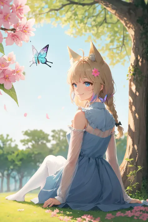 1girl,butterfly,flower,solo,bug,blurry,bangs,sitting,dress,animal,outdoors,smile,day,tree,blush,water,branch,sky,ahoge,petals,ribbon,animal ears,long hair,hair flower,depth of field,hair ornament,blue eyes,very long hair,long sleeves,blonde hair,red flower,blurry foreground,closed mouth,in tree,blue butterfly,looking away,animal ear fluff,pink flower,red dress,blurry background,sitting in tree,fox ears,cat ears,korean clothes,white flower,, solo,full body,
,art by Cornflower,dreamy,(pilyeon),(extremely detailed CG unity 8k wallpaper, masterpiece, best quality, ultra-detailed, best shadow),
,(best illumination, an extremely delicate and beautiful),beautiful detailed glow,dynamic angle,
,(beautiful detailed face, beautiful detailed eyes),High contrast,(1girl:1.5),braided hair one side,
,(iridescent hair:1.2),pink hair,,(fox_ears ,hime_cut,,)
(white pantyhose:1.2),1 girl Wearing Transparent Greek dress,(transparent:1.3),purple eyes,<lora:SilvermoonMix12_2:1>