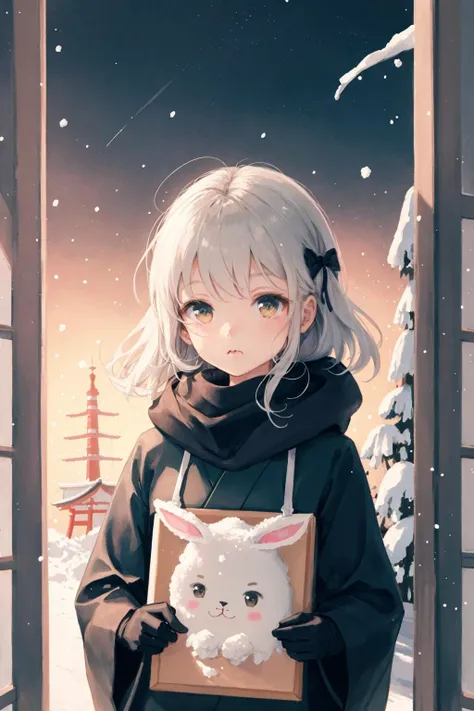 **kawaii girl, ++solo+, ++best quality, ++illustration\\, ++splendid//, ++minor//, ++wind//, ++perfect composition//,++gallant/, ++remnants//, ++morbid-//, ++occult//, ++deadly--, ++gloves^, **night view^\, ++ephemeral girl//, enthusiast, bewitching, *kawaii girl//, *light leaks\\, ++wind//, ++ink splashing, ++upper body, *stand still, ++outline//, ++character focus//, ++absurdly long hair, ++white hair//, ++bow, \+fluffy//, ++detailed eyes//, hoodie, ++detailed sky, ++rabbit*, ++rabbit*, scarf, ++illustration\\, ++booth//, ++booth//, ++booth//, ++illustration\\, ++illustration\\, ++illustration\\, ++illustration\\, ++best quality, ++best quality, ++best quality, ++best quality*, ++japanese//, snow, twilight, <lora:SilvermoonMix12_2:1>