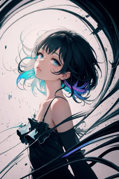 masterpiece, hyper detailed, best quality, extreme detailed, illustration, Delicate Composition, cowboy shot,
fussion of abstract and glitch art, (dynamic angle:1.1), 1 girl, (head tilt:0.6),solo, iridescent hair, flat chest, (blouse:1.0), (double exposure:1.0), glitch hair, fussion of glitch and hair,
simple background, light background,<lora:SilvermoonMix12_2:1>