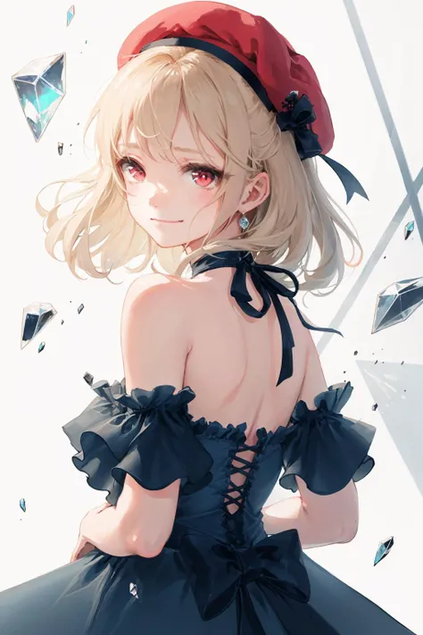 best quality,masterpiece, 8k official wallpaper, ultra detailed,absurdres,lens flare,(white theme:1.1),(halftone:1.2),dynamic angle,depth of field, (white background:1.2), (broken transparent glass:1.1),glass flagment,transparent crystal,Gothic,
BREAK
beautiful detailed girl,pale blonde hair,kawaii,(sad smile:0.9),(blank stare:1.1),emotionless eyes,silky hair,red eyes,flat chest,upper body,face focus,(look back:1.2),looking at viewer,arms behind back,(beret:1.1),ribbon trim,(blue frilled dress:1.2),floating hair<lora:SilvermoonMix12_2:1>