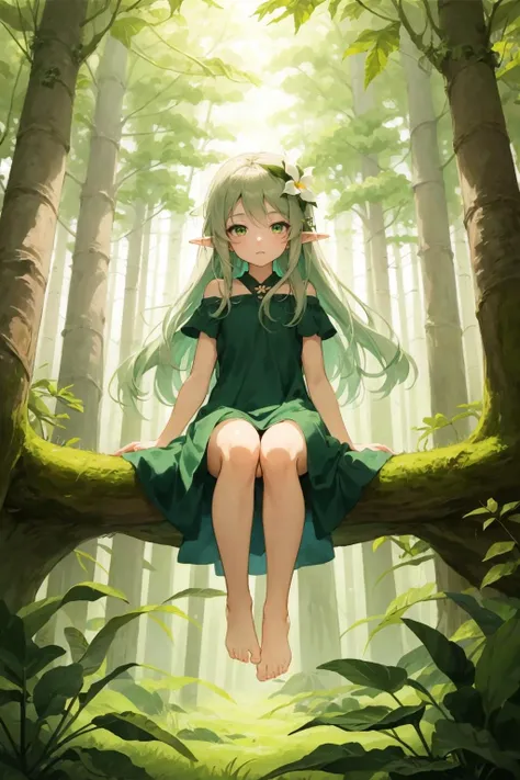 (masterpiece,best quality,illustration,official art:1.05),(tachi-e:1.12),full body,sitting,looking at viewer,solo,1girl,elf girl,long hair,green hair,[green|blue] eyes,dress,white hair flower,hair ornament,(age8),(child),wind,leaf,tree,forest,