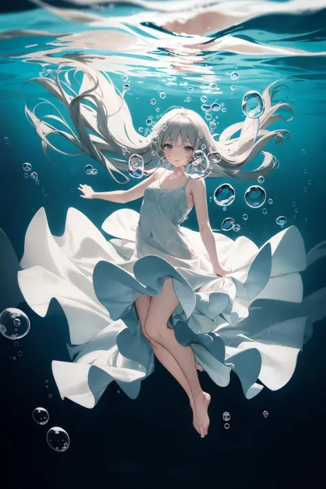 A girl in a dress floating in the water with bubbles - SeaArt AI