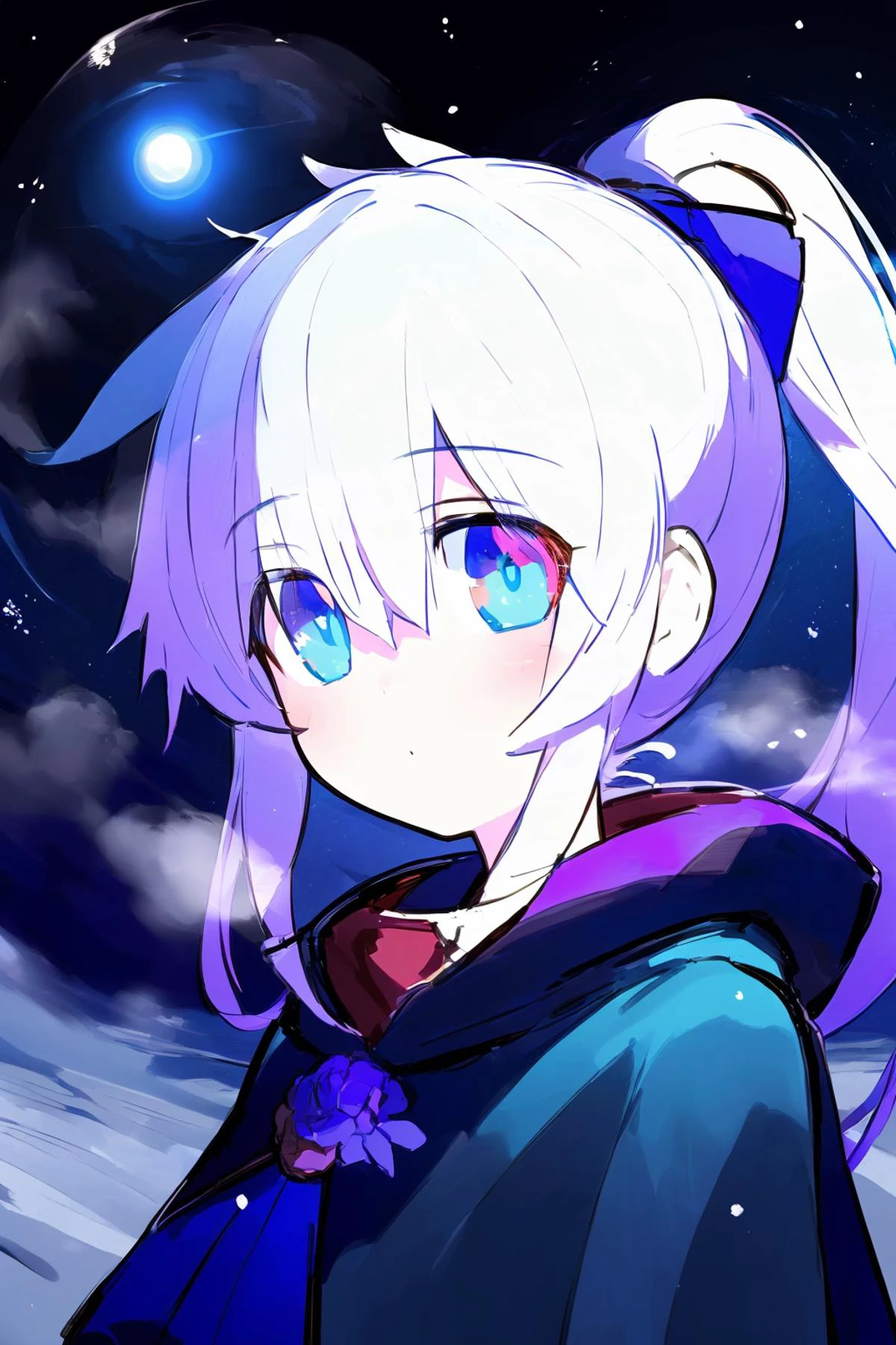 (((masterpiece))), (((best quality))), ((ultra-detailed)), (illustration), ((an extremely delicate and beautiful)),cinematic angle,floating, (beautiful detailed eyes), (detailed light),cinematic lighting, beautifully detailed sky,(1girl), white hair, blue eyes, (high ponytail), cloak, glowing eyes,((moon)),(moonlight), starry sky, (lighting particle), fog, snow(painting),(sketch),(bloom), <lora:Akutox-000005:1>