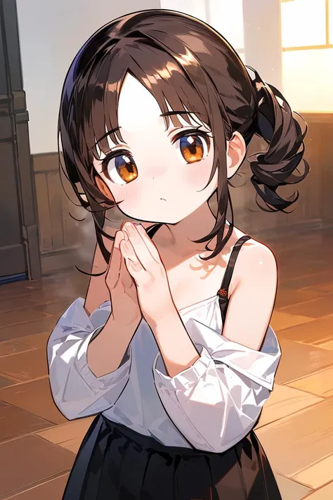 (masterpiece, best quality), female senior, brawny, indigenous australian, light brown eyes,   tapered chin,   straight forehead, round face shape, toned back,   , jet black
 half-up, half-down hairstyle hair, boredom
 wearing  pleated midi skirt,  one-shoulder top,   
, hands in prayer position, showing reverence