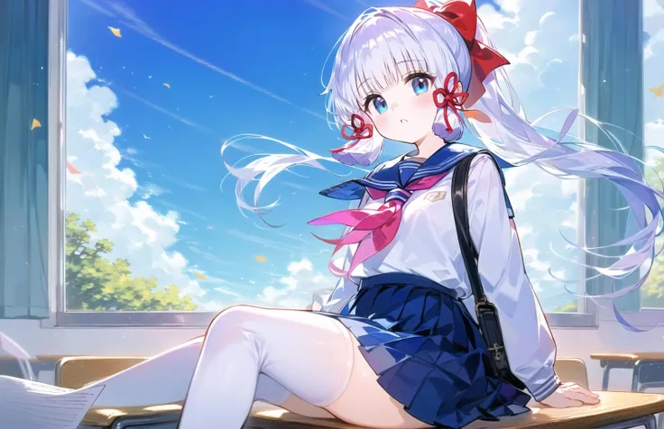 ((masterpiece,best quality)),
1girl, kamisato ayaka, school uniform, solo, skirt, thighhighs, blue eyes, sky, sitting, desk, long hair, serafuku, ponytail, white thighhighs, looking at viewer, bag, bangs, sailor collar, pleated skirt, cloud, shirt, curtains, window, school bag, blue sky, ribbon, long sleeves, blue skirt, hair ribbon, white shirt, bow, indoors, blunt bangs, alternate costume, white hair, hair bow, parted lips, red ribbon, paper, neckerchief, day, floating hair, sidelocks, school desk, wind, blue neckerchief, tress ribbon, blush, on desk,  zettai ryouiki, feet out of frame,