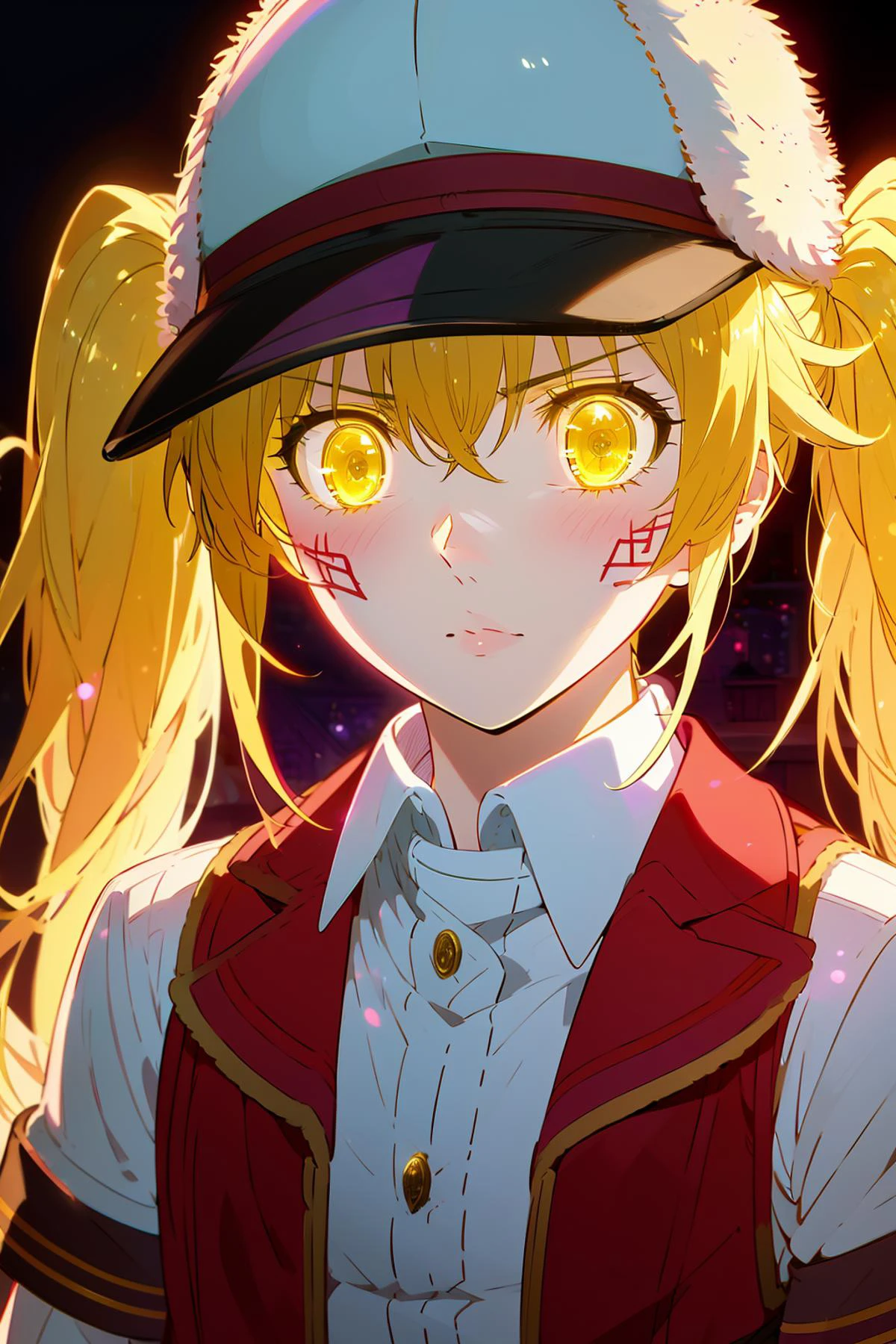 (hat:1.2), <lora:mushoku_tensei_style_offset:0.8> mushoku tensei style, anime coloring, <lora:glowingveins-nvwls-v1:0.8>, glowingveins, red theme,
eosinophil, blonde hair, twintails, (yellow eyes:1.3), <lora:eosinophil s1-lora-nochekaiser:0.6>,