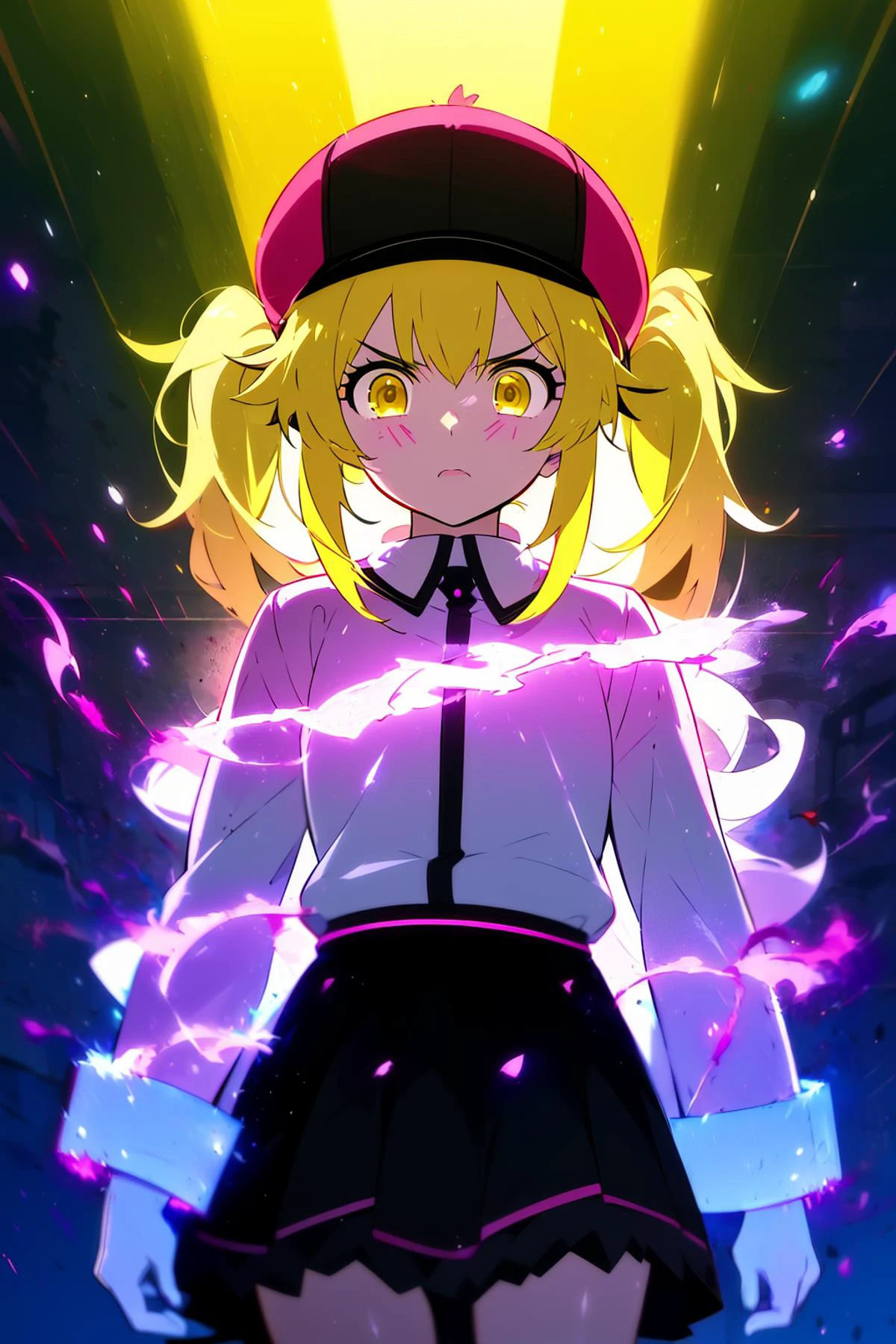 (hat:1.2), <lora:mushoku_tensei_style_offset:0.8>, <lora:r1ge - AnimeRage:0.6>, r1ge, (angry:0.8), glowing, (aura:1.2), energy, flying debris, flying fragments,((blue and pink chalk drawing of Anime Catgirl wearing school skirt Silhouette)) with ((bioluminescent binary eyes and bright neon carbon-nano tubed hair)) 8K, 4K, UHD, ultra-detailed),((pink outlines)), bioluminescent black and silver God rays, (movement:0.8),((Graffiti Tags)), (Ominous Alphabetical letters scattered and floating around),
eosinophil, blonde hair, twintails, (yellow eyes:1.3), <lora:eosinophil s1-lora-nochekaiser:0.6>,