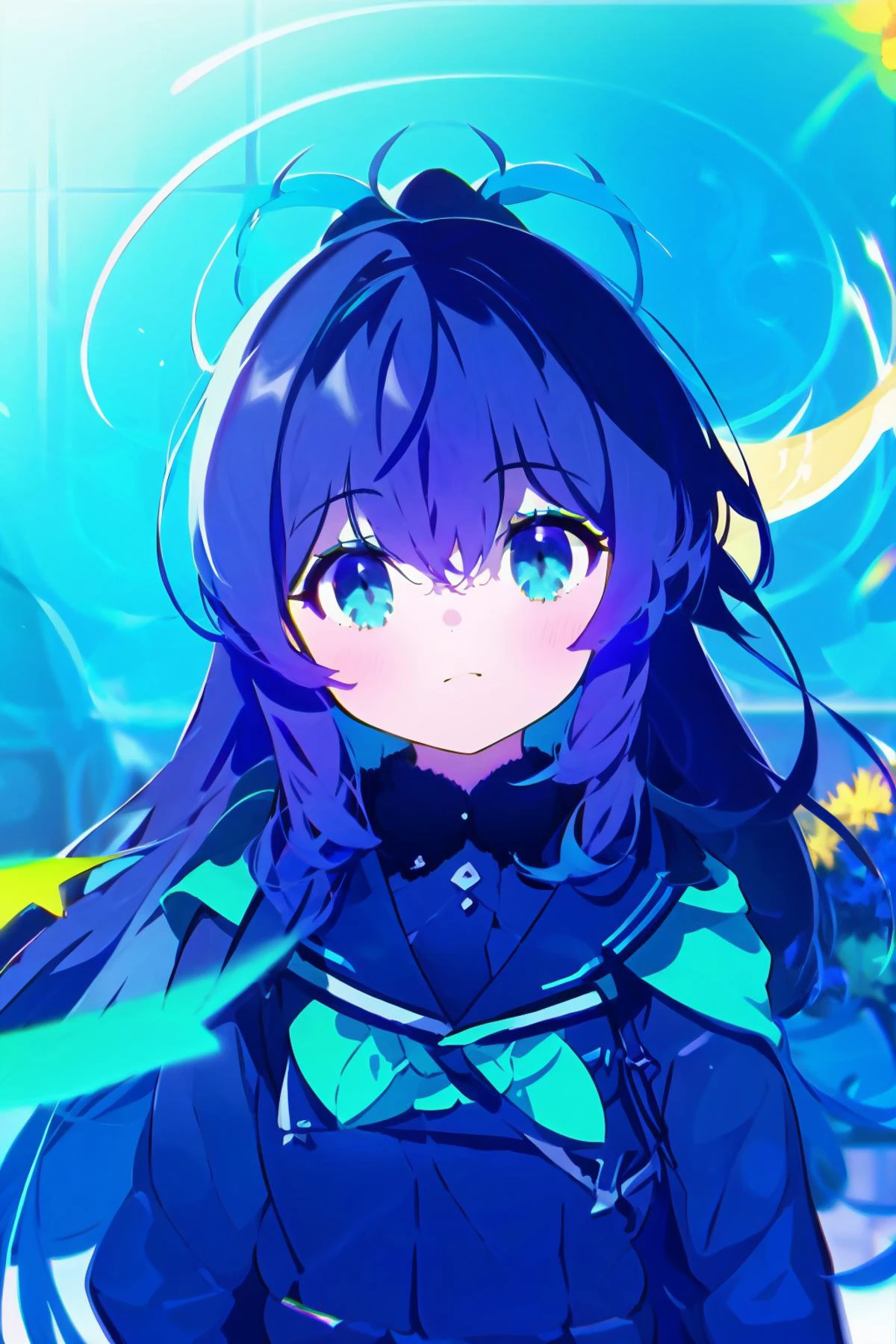 1girl, belu long hair,long hair, upper body,chromatic aberration, blurry, bowdepth of field, flower,<lora:mai5:0.6>,blue fire,<lora:Fire:0.3>,blue archive,<lora:blue_archive-000018:0.8>