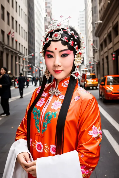 RAW photo, street portrait of a danjue qingyi as a young woman wearing xifu, half body shot, on Wall Street in Manhattan <lora:xifuV4:0.7> , (high detailed skin:1.2), 8k uhd, dslr, soft lighting, high quality