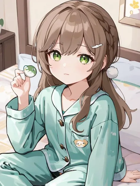 <lora:xl_qingque2:1>,qingque girl,green eyes,brown hair,Tailventure\(hairstyle)\,Skirtquest\(clothing)\,pajamas,