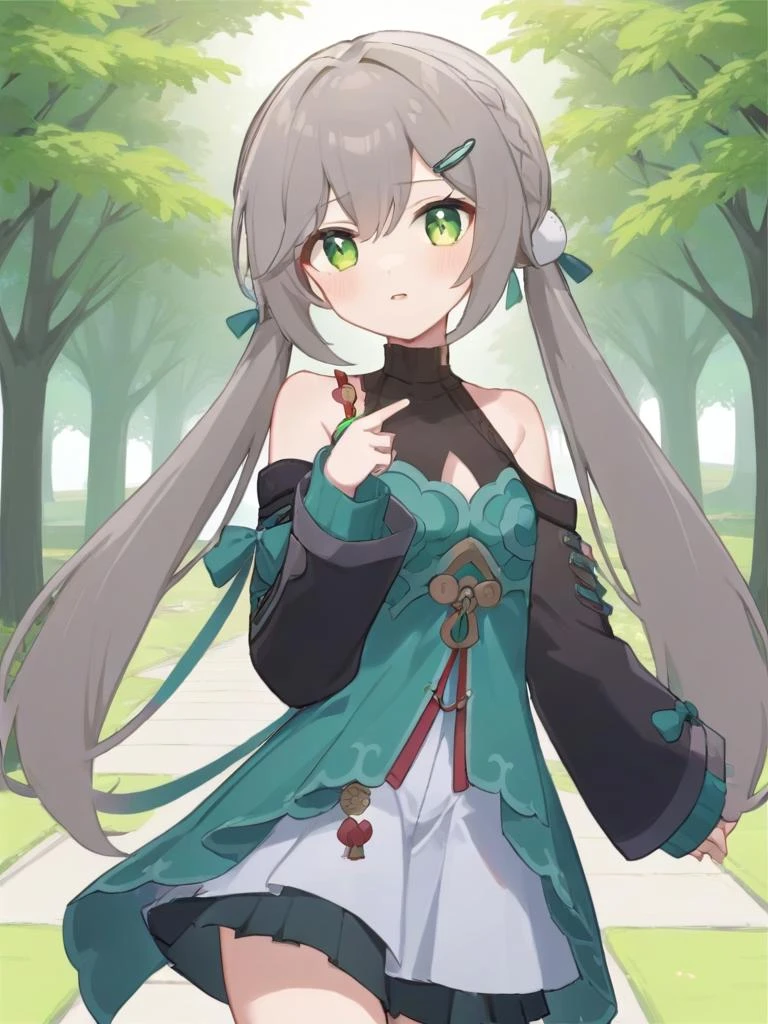 <lora:xl_qingque girl:1>,qingque girl,grey hair,green eyes,twintail,Special clothing,park,