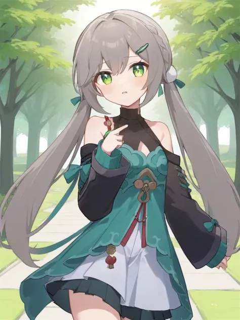 <lora:xl_qingque girl:1>,qingque girl,grey hair,green eyes,twintail,Special clothing,park,