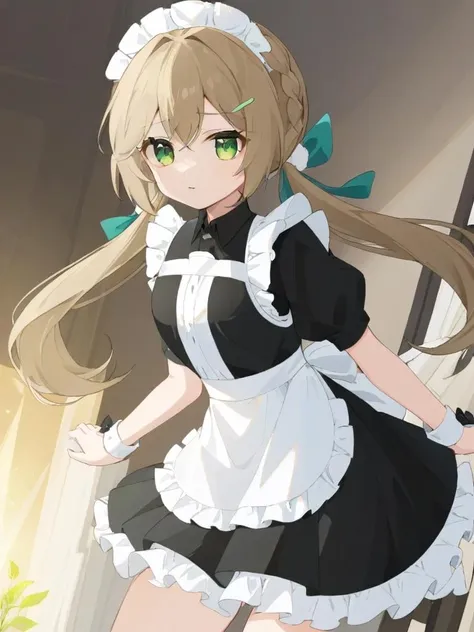 <lora:xl_ééæµè¯0.6æ£å+å¤ç´ æ-000014:0.9>,qingque girl,low twintails,green eyes,light brown hair,maid,