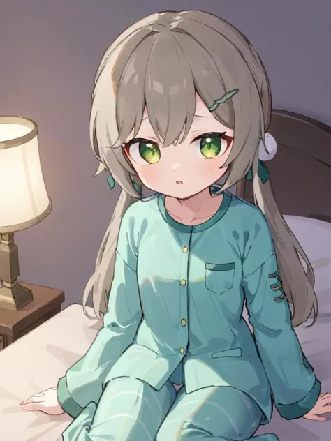 <lora:xl_qingque girl2:1>,qingque girl,grey hair,green eyes,twintails,pajamas,