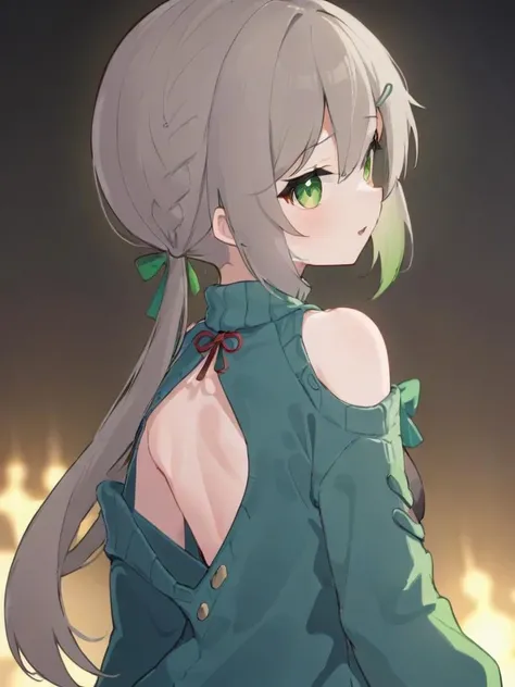 <lora:xl_qingque girl2:1>,qingque girl,grey hair,green eyes,twintail,Open back sweater,