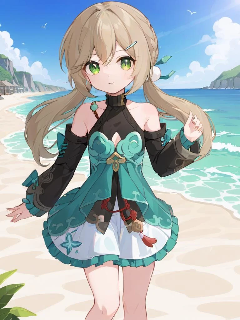 <lora:xl_ééæµè¯0.6æ£å+å¤ç´ æ-000014:1>,qingque girl,low twintails,green eyes,light brown hair,Special clothing,beach,