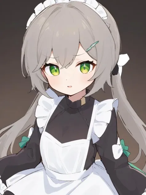 <lora:xl_qingque girl2:1>,qingque girl,grey hair,green eyes,twintail,maid,