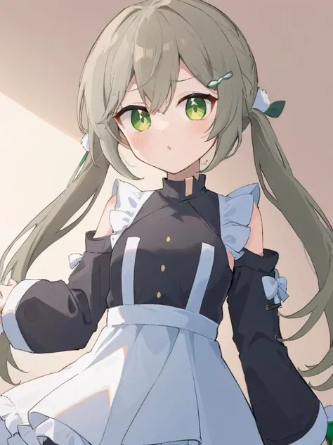 <lora:xl_qingque girl2:1>,qingque girl,grey hair,green eyes,twintail,Wearing British maid attire