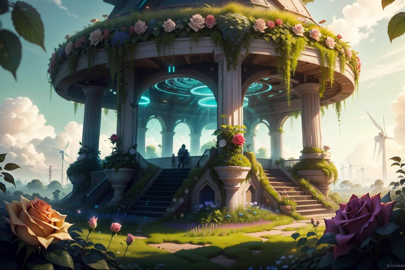 (rose Garden:1.2) , , lush environment , having fun , sweet aroma , bushs, windmills, smile , solo focus, summer blue sky, pixe cut, colored hair, 1girl, <lora:BiophyllTech-20:0.5> BiophyllTech, bio, bioluminescent, fully-organic, utopia, glass, <lora:ExoBioTech-20:0.3> exobiotech, bio, scifi, clouds , outdoors,