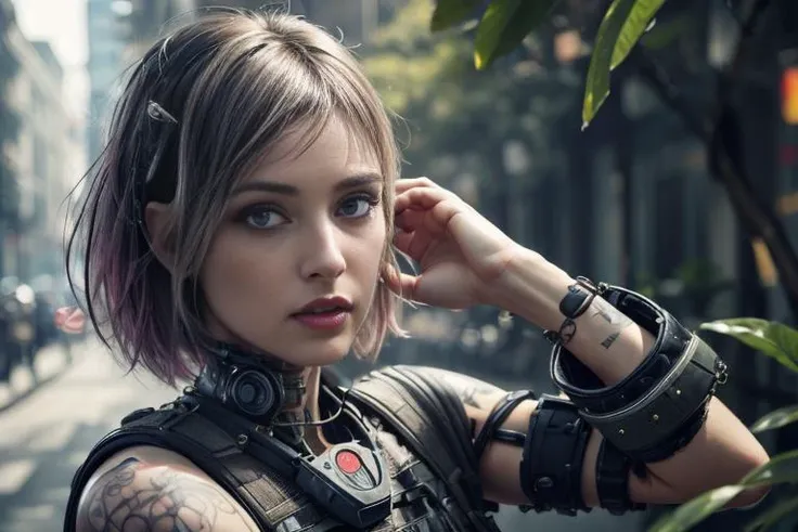 <lora:difConsistency_photo:0.5> (woman, 1girl ((lightpunk/punk/post-apo)), <lora:BiophyllTech:0.6>, bio, BiophyllTech) BREAK (photorealistic), realistic face, medium breasts, beautiful woman, detailed mouth, extremely detailed eyes_and_face, beautiful face, detailed eyes, pronounced feminine feature, matte eyeshadow, perfect body BREAK photorealistic, color HD photo, Plaubel Makina W67 Camera, (full body, masterpiece), HDR, 8K resolution, analogue RAW DSLR, best quality, absurdres, vivid vibrant colors, skin pores, intricate detail, intricately detailed face_and_eyes, realistic human hands, sophisticated detail, (realistic lighting, sharp focus), centerfold, bokeh, 8k, wallpaper, ultra high res