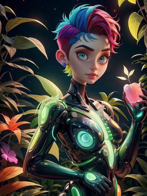 Disney, Pixar Disney, Pixar (Style: trending on artstation, ((high quality:1.2, masterpiece:1.2)) , (8k resolution) , high details, incredibly absurdres, color connection, colorized, colorful, sexy, nsfw, seductive, 3/4 body shot)
(1girl, 25 years old, big eyes, latina face, freckles, (short hair, shaved sides:1.2), multicolored hair, medium breasts)
<lora:BiophyllTech:0.7> (Backround: BiophyllTech, bio, bioluminescent, fully-organic, utopia, glass)
