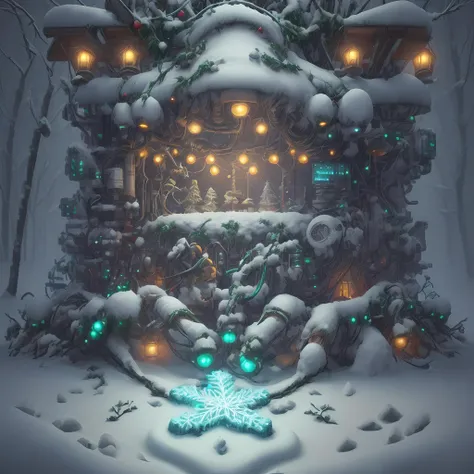 snow covered,Christmas theme,technical,glowing buttons, footprints, cables,<lora:add_detail:1>,<lora:BiophyllTech:0.5>,BiophyllTech,bio,, intricate details
