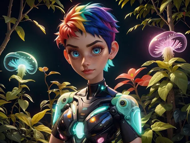 Disney, Pixar Disney, Pixar (Style: trending on artstation, ((high quality:1.2, masterpiece:1.2)) , (8k resolution) , high details, incredibly absurdres, color connection, colorized, colorful, sexy, nsfw, seductive, 3/4 body shot)
(1girl, 25 years old, big eyes, latina face, freckles, (short hair, shaved sides:1.2), multicolored hair, medium breasts)
<lora:BiophyllTech:0.6> (Backround: BiophyllTech, bio, bioluminescent, fully-organic, utopia, glass)