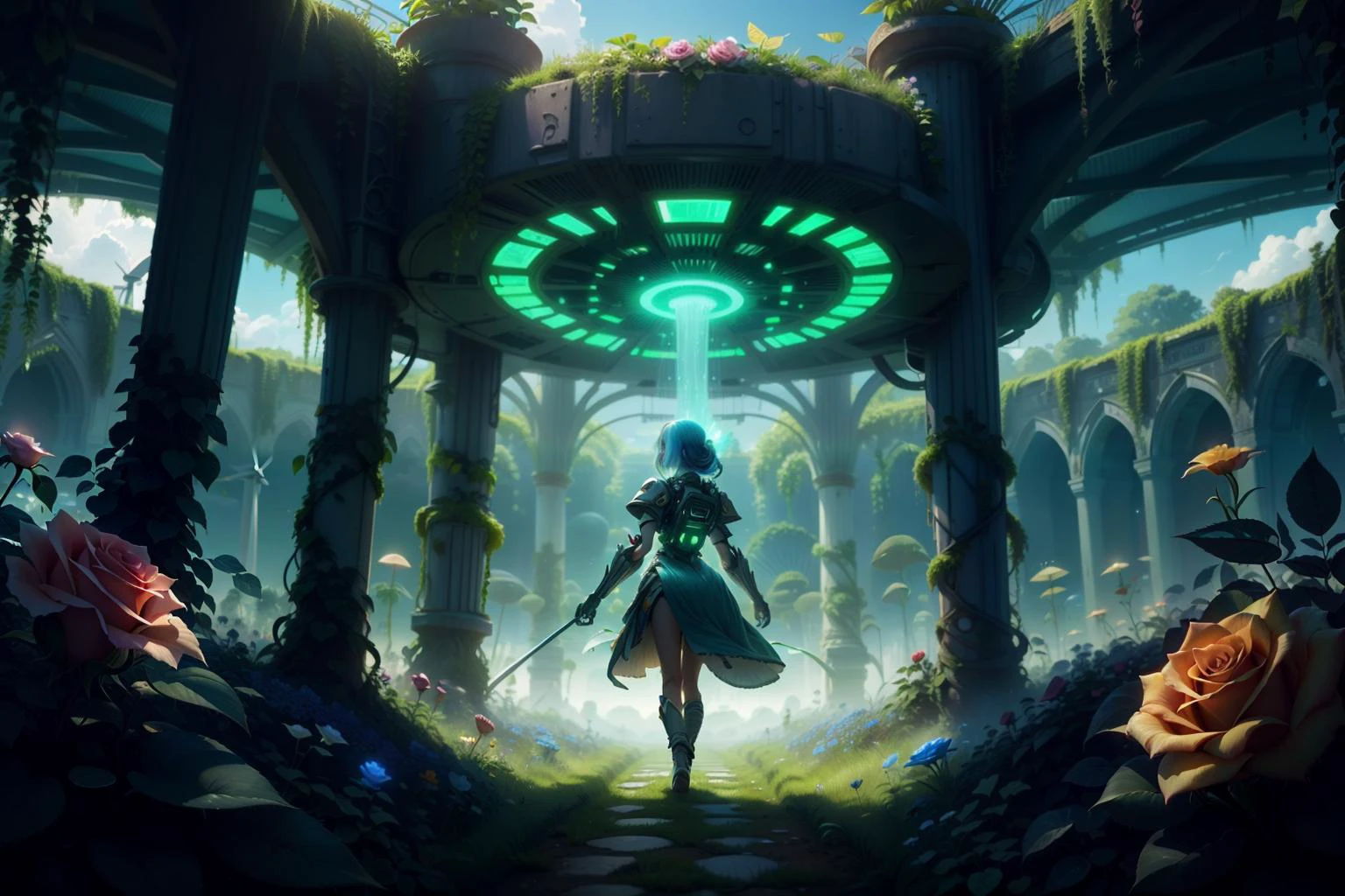 (rose Garden:1.2) , , lush environment , having fun , sweet aroma , bushs, windmills, smile , solo focus, summer blue sky, pixe cut, colored hair, 1girl, <lora:BiophyllTech-20:0.5> BiophyllTech, bio, bioluminescent, fully-organic, utopia, glass, <lora:ExoBioTech-20:0.3> exobiotech, bio, scifi, clouds , outdoors,