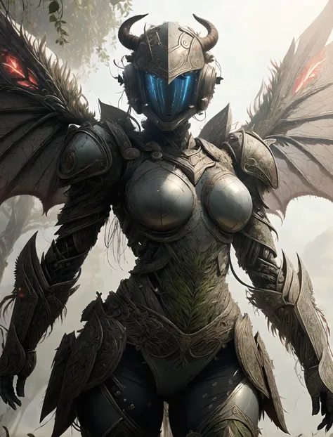 (masterpiece:1.2), (best quality:1.2), extremely detailed, (beautiful face), (perfect face), (perfect hands), highres, (masterpiece:1.2), (best quality:1.2), extremely detailed, (beautiful face), (perfect face), (perfect hands), highres, huge breasts, deep skin, <lora:BiophyllTech:1>, science fiction, BiophyllTech, bioluminescent, bio, scifi armor, warrior demon girl, full body, helmet, black demon horns, red demon wings, low wings, large horns, glowing armor