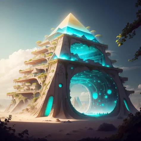 <lora:BiophyllTech-20:0.8>,BiophyllTech, bioluminescent ,fully-organic, utopia,
sand,sandstorm, desert, pyramid \(structure\),