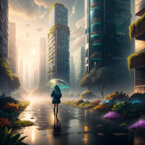 <lora:BiophyllTech-20:1>, biophylltech, glass, fully-organic, utopia,1girl, glass building, city, cityscape, cloud, cloudy_sky, dusk, evening, fence, holding_umbrella, hood, orange_sky, outdoors, , puddle, rain, raincoat, scenery, solo, street, sun, sunset, transparent_umbrella, twilight, umbrella, utility_pole, wet,looking back, green eyes, detailed eyes