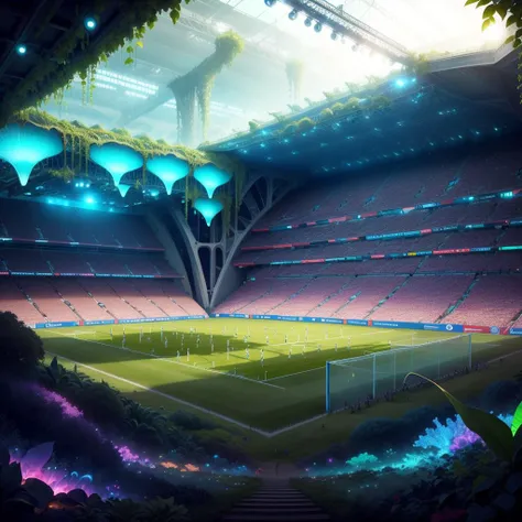 <lora:BiophyllTech-20:0.8>, biophylltech,  glass, fully-organic,bio, bioluminescent, utopia, 
 a soccer mach, stadium,  people,