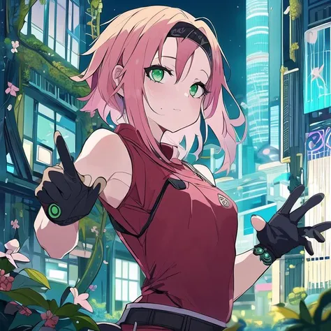 haruno sakura, , sakura haruno, (green eyes:1.5), hairband, short hair, pink hair, (small breast:1.2), straight hair, BREAK bare shoulders, black gloves, forehead protector, gloves, konohagakure symbol, ninja, (red shirt:1.5), shirt, sleeveless, sleeveless shirt, BREAK looking at viewer, BREAK outdoors, city,<lora:BiophyllTech-20:1>, BiophyllTech, bio, bioluminescent, fully-organic, utopia, BREAK , (masterpiece:1.2), best quality, high resolution, unity 8k wallpaper, (illustration:0.8), (beautiful detailed eyes:1.6), extremely detailed face, perfect lighting, extremely detailed CG, (perfect hands, perfect anatomy), <lora:kakureEriaStyle-20:0.7>,flat color, (5 digits:1.3)