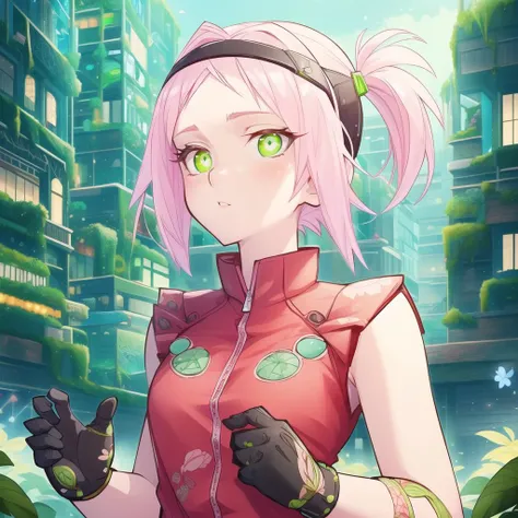 haruno sakura, , sakura haruno, (green eyes:1.5), hairband, short hair, pink hair, (small breast:1.2), straight hair, BREAK bare shoulders, black gloves, forehead protector, gloves, konohagakure symbol, ninja, (red shirt:1.5), shirt, sleeveless, sleeveless shirt, BREAK looking at viewer, BREAK outdoors, city,<lora:BiophyllTech-20:1>, BiophyllTech, bio, bioluminescent, fully-organic, utopia, BREAK , (masterpiece:1.2), best quality, high resolution, unity 8k wallpaper, (illustration:0.8), (beautiful detailed eyes:1.6), extremely detailed face, perfect lighting, extremely detailed CG, (perfect hands, perfect anatomy), flat color, <lora:ThePinkPirate-22:1>