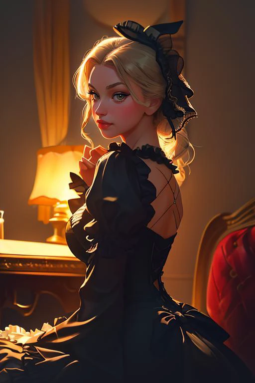 gorgeous vampire, masterpiece, best quality, ultra-detailed, illustration,(1girl), beautiful, detailed eyes, (solo), looking at viewer, close up, (arms behind back:1.2), (from above:1.1), gold hair, red eyes, huge breasts, (breasts out:1.3), (off shoulder:1.1), wearing a victorian dress