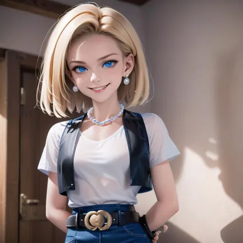DB_Android_18, a woman, jewelry, blond hair, earrings, blue eyes, belt, necklace, blue skirt, black fingerless gloves, white shirt, vest, hoop earrings, short sleeves, bracelet, pearl necklace, black belt, belt buckle, <lora:DB_Android_18_V1:0.8>, portrait, (anime),(evil:1.8),(big smile:1.4)